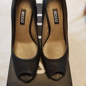 Ecco pumps, open toe, size 5.5 US 36 EU genuine leather black Stacked Heel